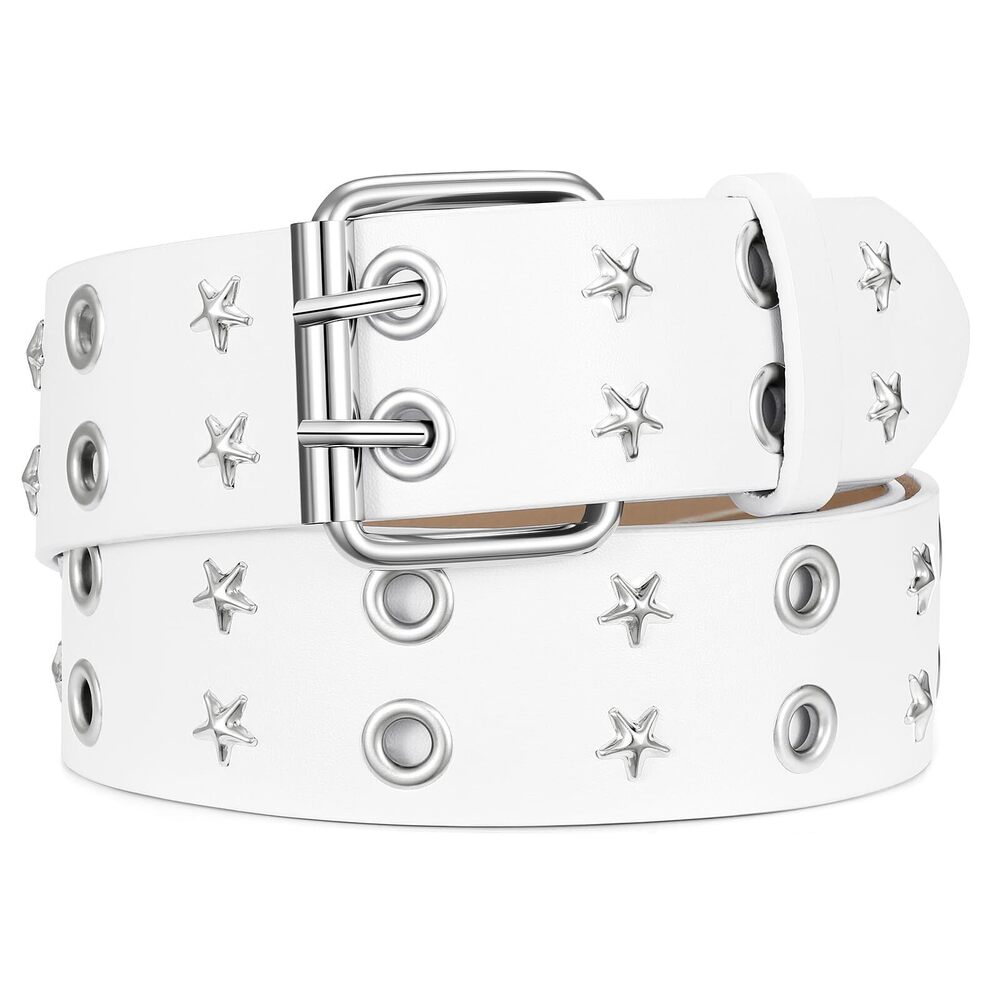 4123 Women Double Grommet Studded Belts, White Leather Belt For Men